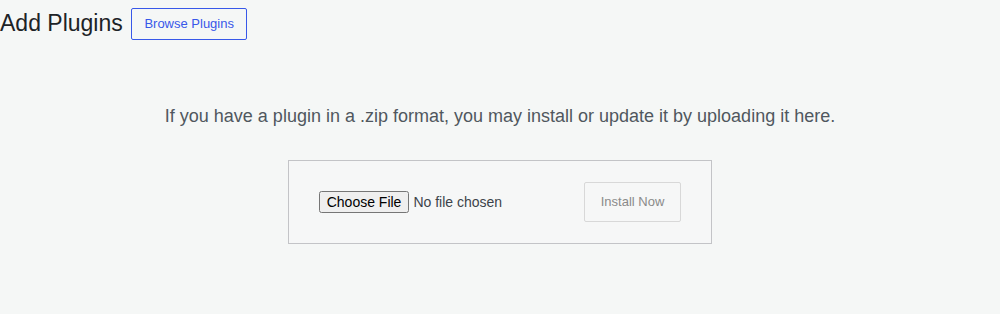 WordPress Add Plugins upload screen with Choose File and Install Now controls