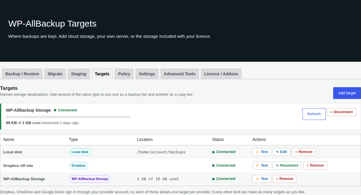 Targets page showing local disk and the available WP-AllBackup Storage connection