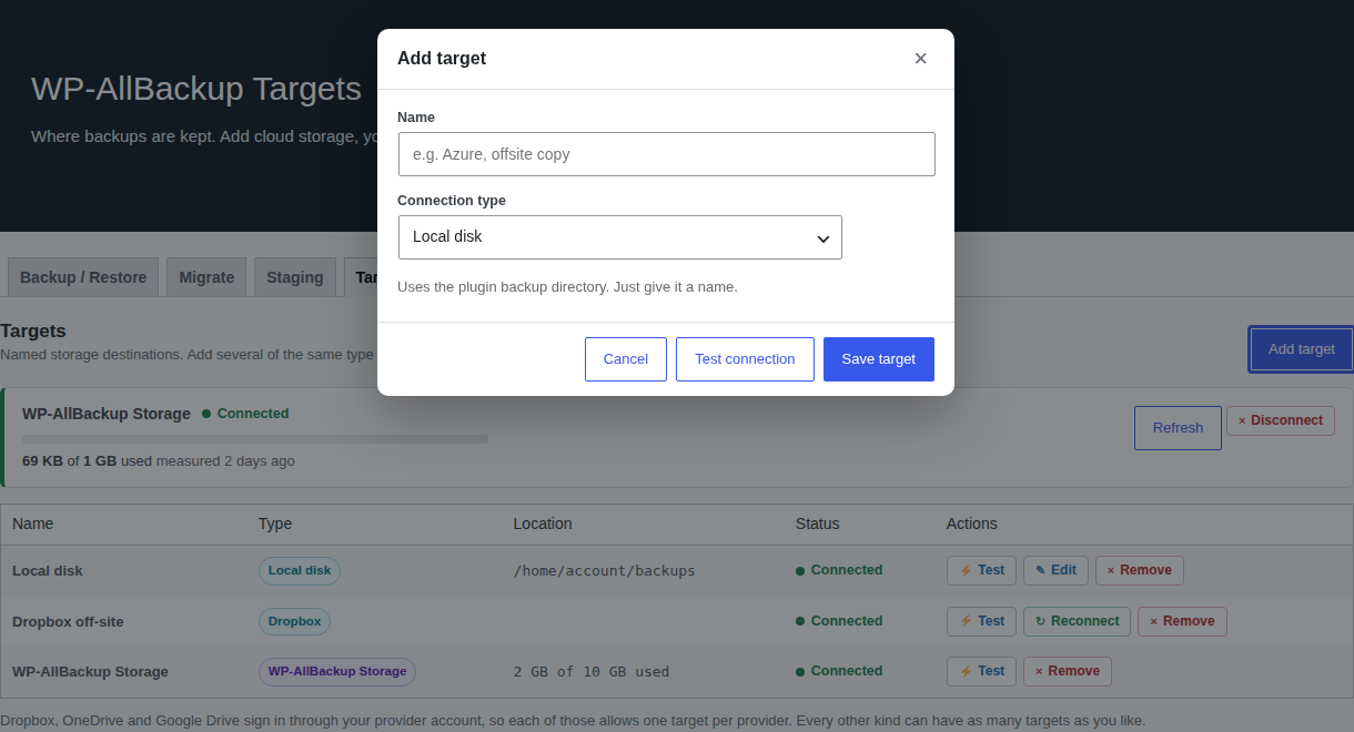 Add target dialog with target name, connection type, test and save controls