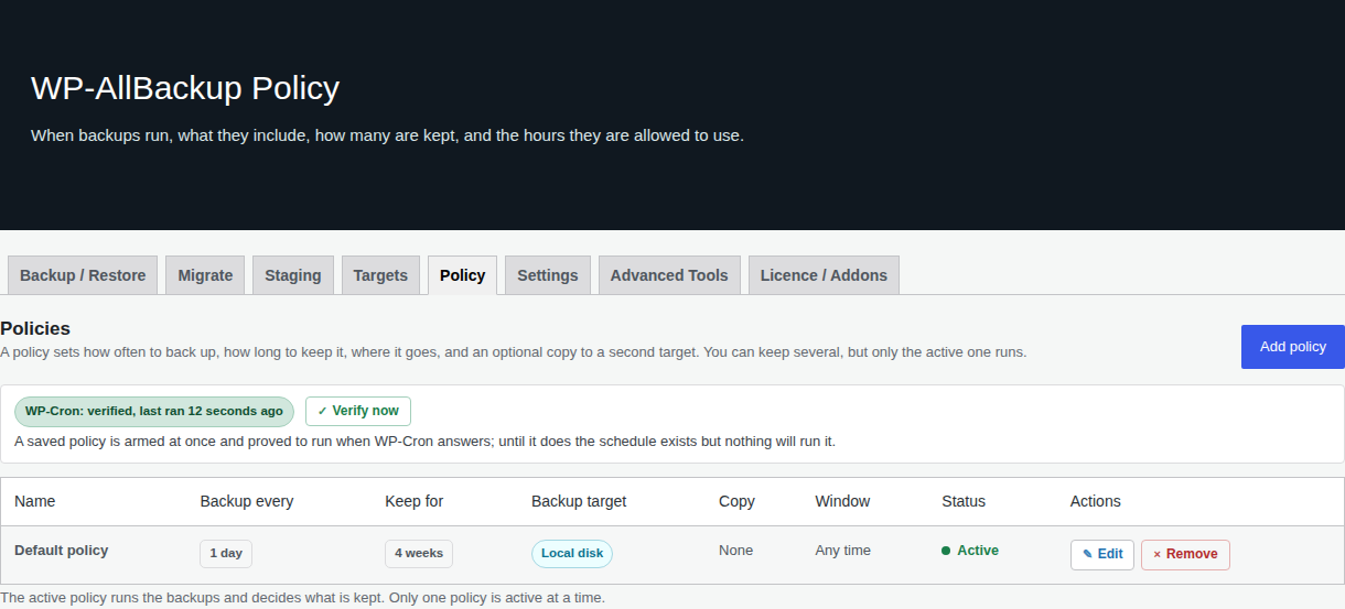 Policy page showing a daily active policy with four-week retention and a local target