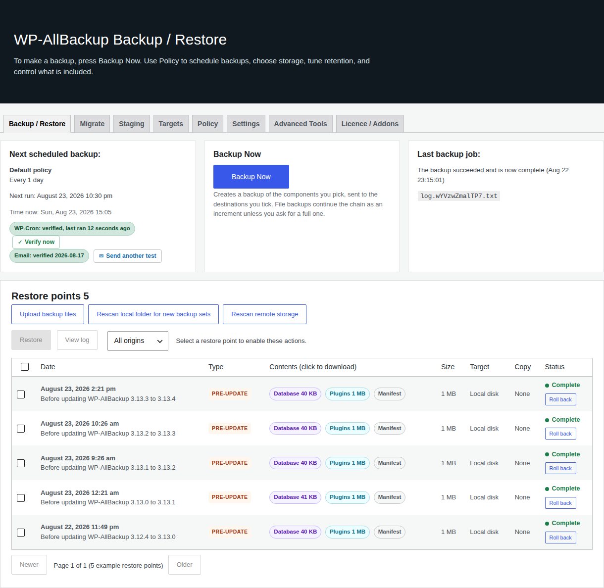 Backup and Restore page showing scheduler and email checks, Backup Now, the latest backup summary, and five anonymized example restore points