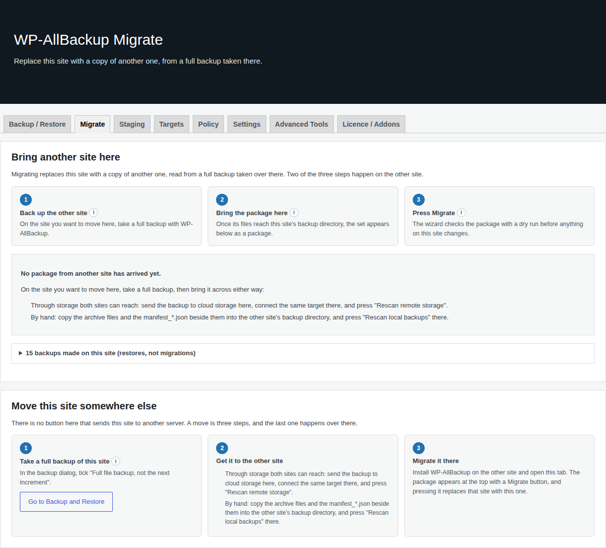 Migrate page separating packages brought to this site from backups made on this site