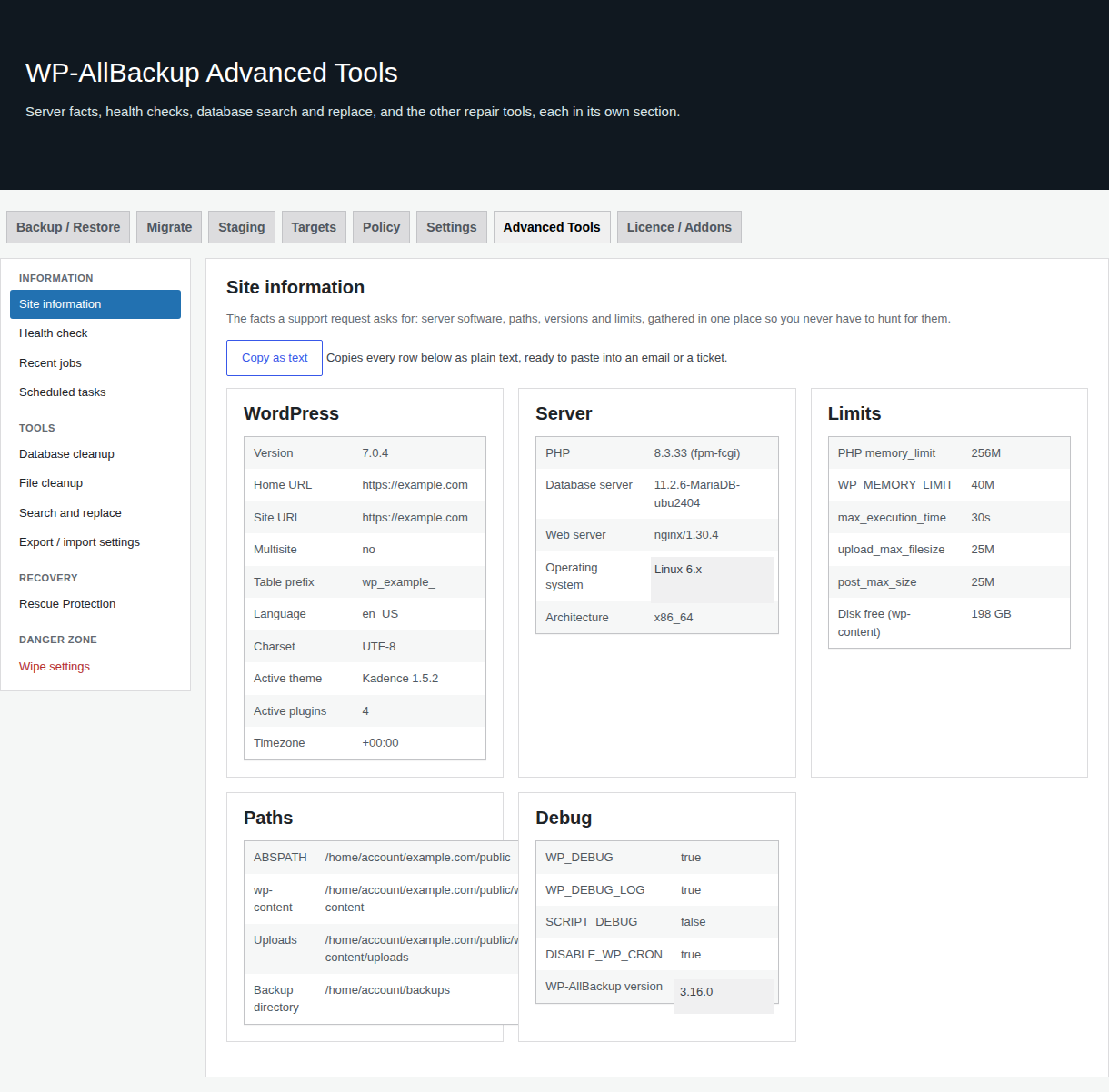 WP-AllBackup Advanced Tools showing site information, health, jobs, scheduled tasks, repair and recovery sections