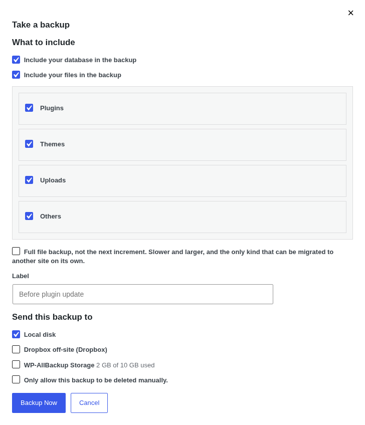Backup dialog with database and file components, full backup choice, label and destination choices