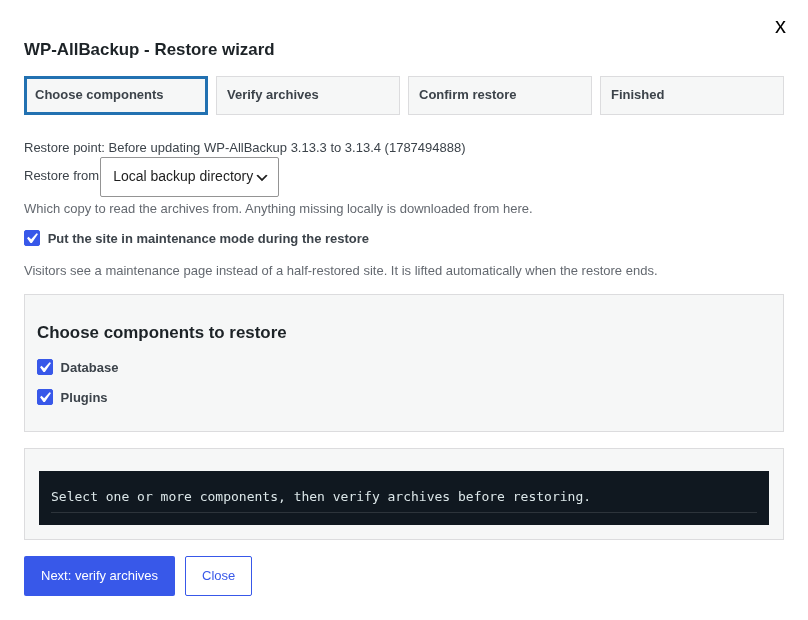 Restore wizard on Choose components with maintenance mode, database and plugins selected