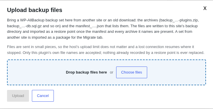 Upload backup files dialog with a drop zone, Choose files, Upload, and Cancel controls