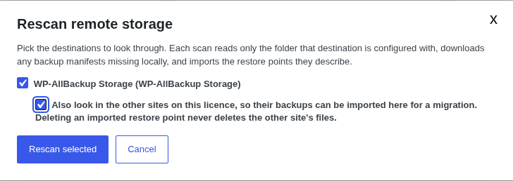 Rescan remote storage dialog with WP-AllBackup Storage selected and the explicit option to look in other sites on the same licence