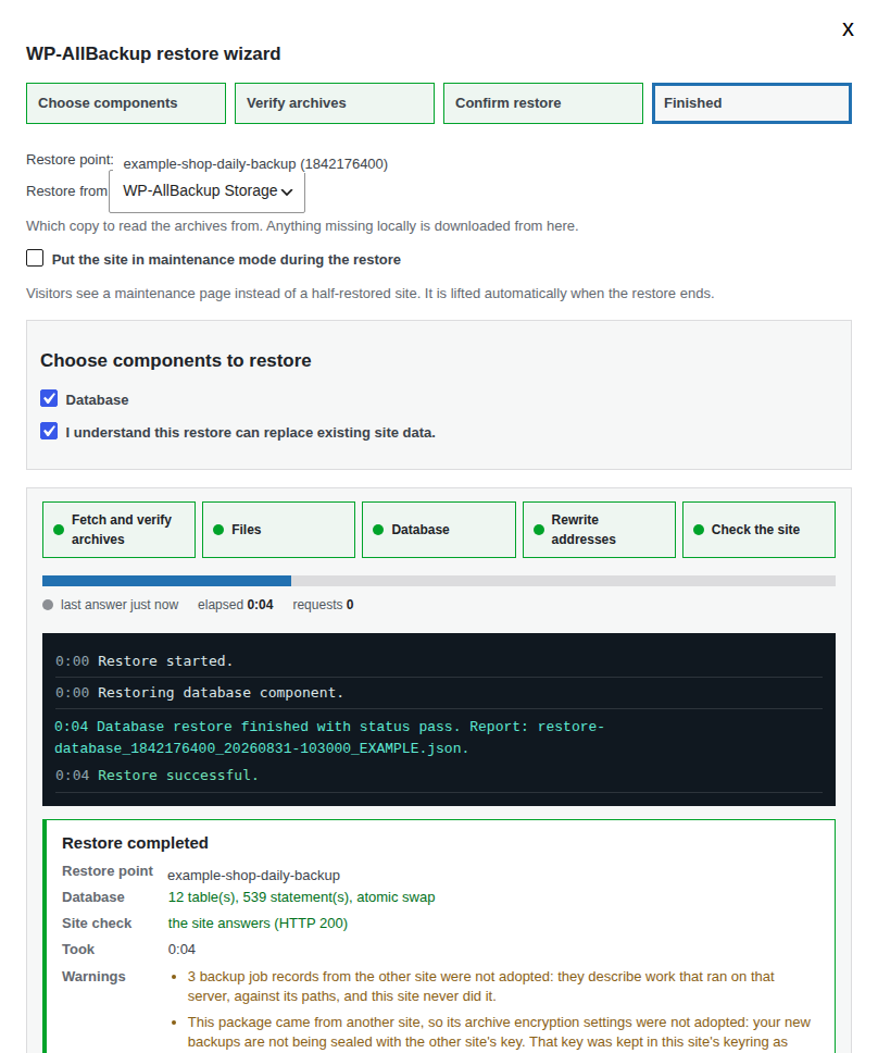WP-AllBackup restore wizard at Finished after a remote database restore, with every stage green and the destination site check passing