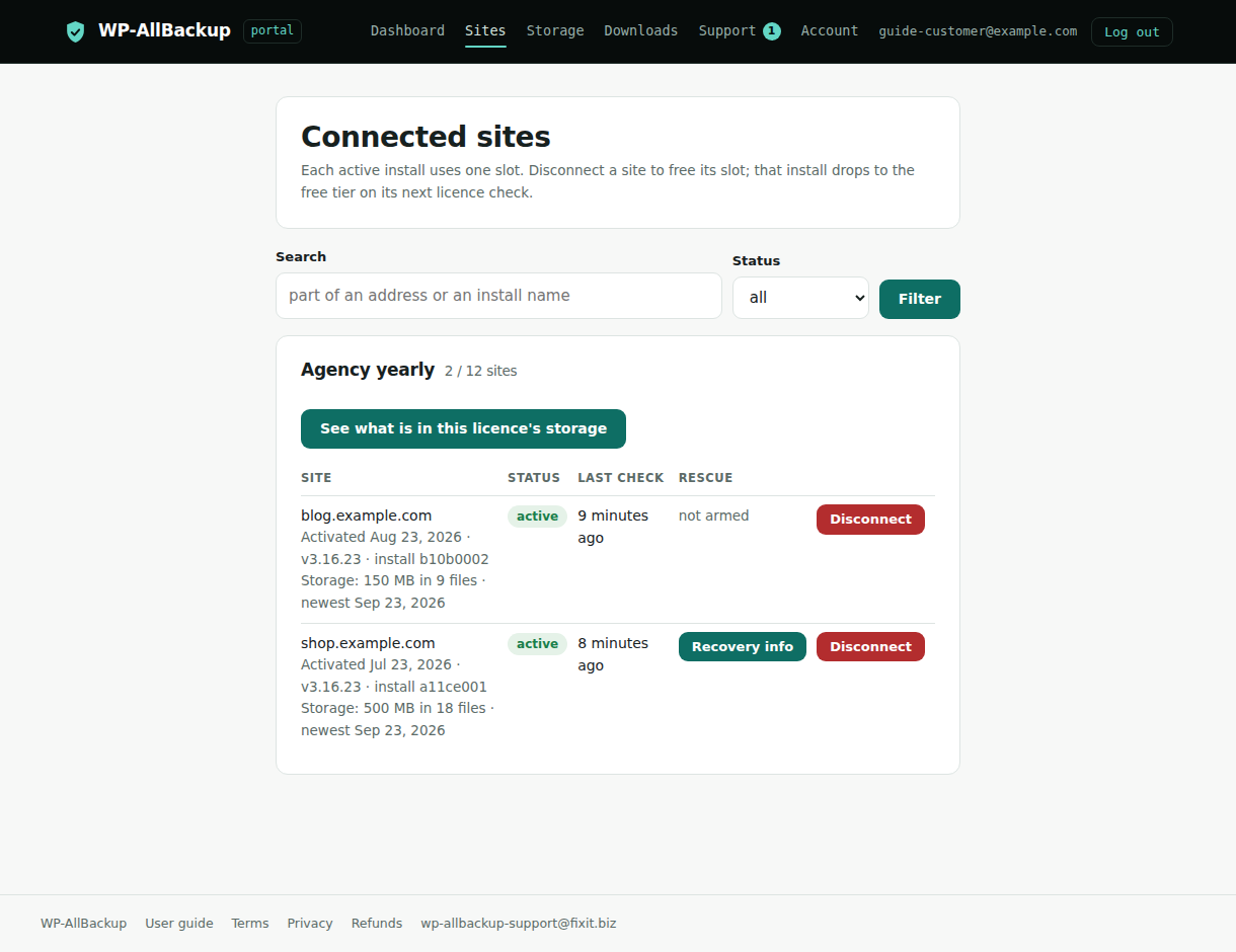 Example Connected sites page showing two fictional sites, install identities, storage figures, Rescue status and Disconnect controls
