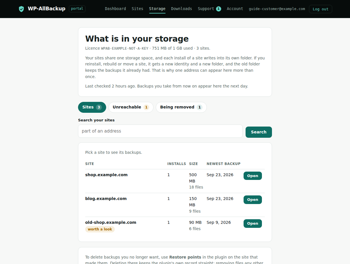Example storage contents index showing fictional sites plus Unreachable and Being removed tabs