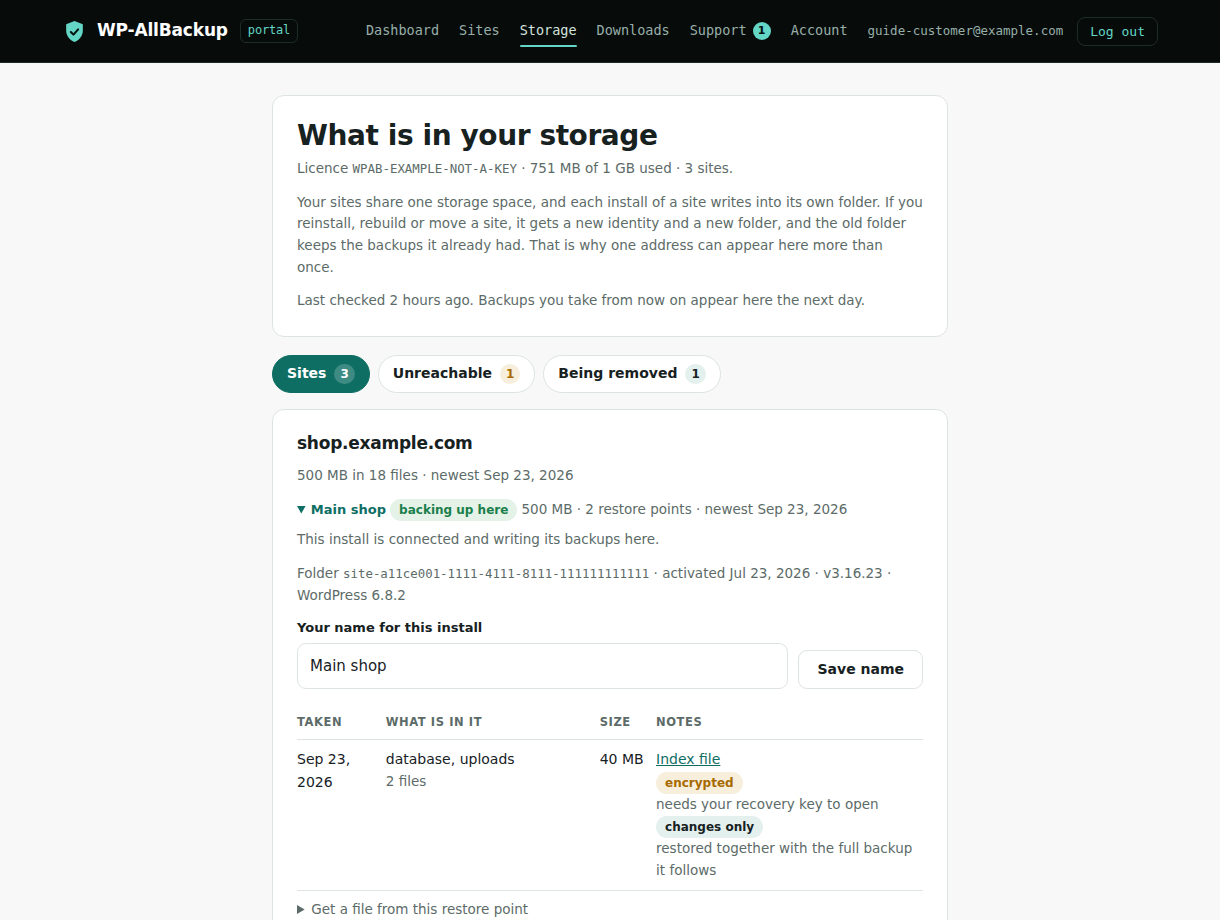 Example site storage detail showing a friendly install name and encrypted full and changes-only restore points
