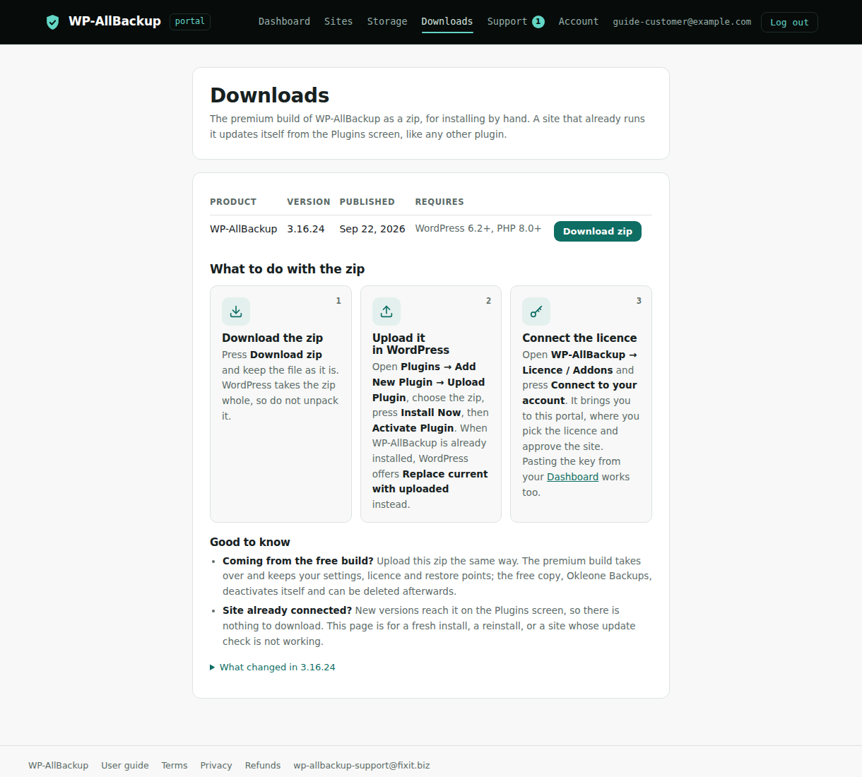 Example Downloads page showing the current premium plugin ZIP, requirements and three installation steps