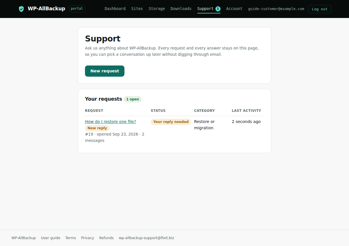 Example Support page showing one fictional restore question with category and reply status