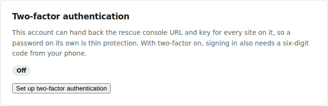 Two-factor authentication card in the customer portal with setup currently off